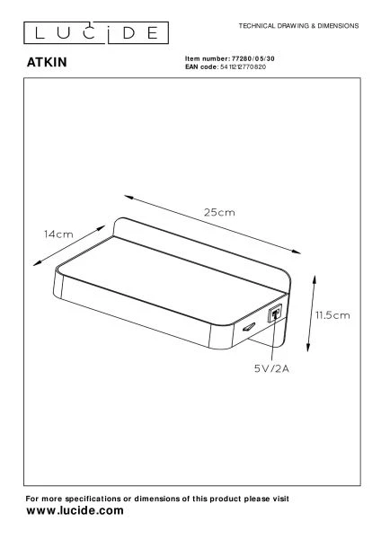 Lucide ATKIN - Bedside lamp / Wall light - LED - 1x6W 3000K - With USB charging point - Black - technical